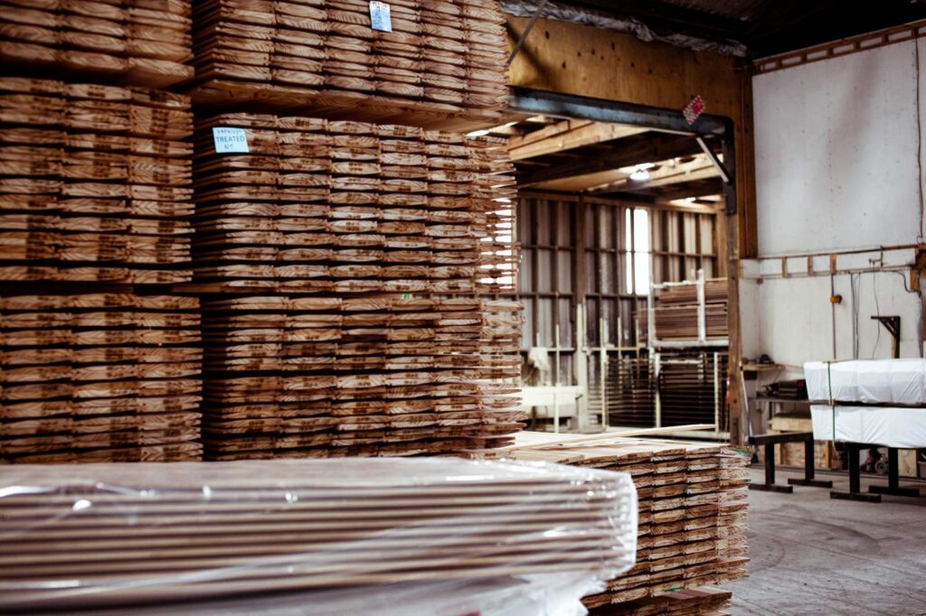 timber coated with stain stacked
